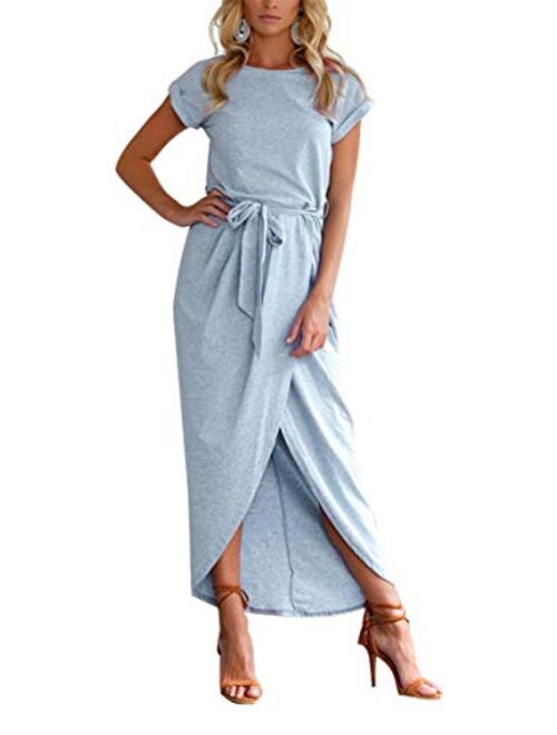 WIWIQS Women's Casual Short Sleeve Slit Dress Summer Solid Party Long Maxi Dress Knee Length Dress