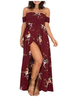 OMZIN Women's Summer Beach Dress Off Shoulder Floral Maxi Print Boho Dress