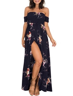 OMZIN Women's Summer Beach Dress Off Shoulder Floral Maxi Print Boho Dress