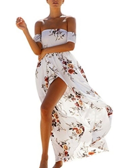 OMZIN Women's Summer Beach Dress Off Shoulder Floral Maxi Print Boho Dress