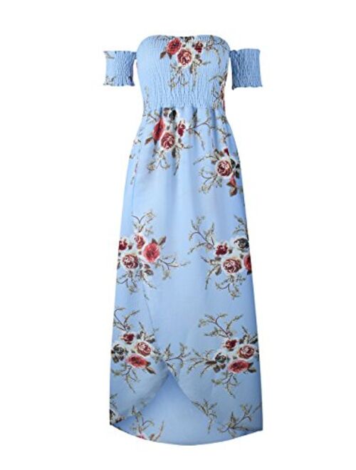 OMZIN Women's Summer Beach Dress Off Shoulder Floral Maxi Print Boho Dress