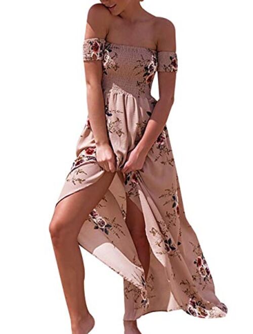 OMZIN Women's Summer Beach Dress Off Shoulder Floral Maxi Print Boho Dress