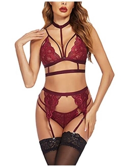 Lace Garter Lingerie Set with Removable Choker Teddy Babydoll Strappy Bra and Panty Set (No Stockings)