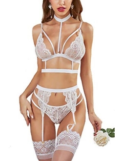 Lace Garter Lingerie Set with Removable Choker Teddy Babydoll Strappy Bra and Panty Set (No Stockings)