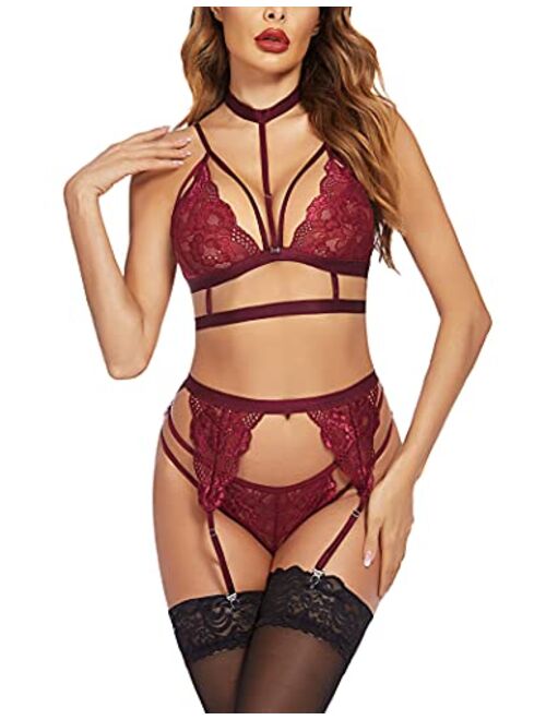 Avidlove Lace Garter Lingerie Set with Removable Choker Teddy Babydoll Strappy Bra and Panty Set (No Stockings)