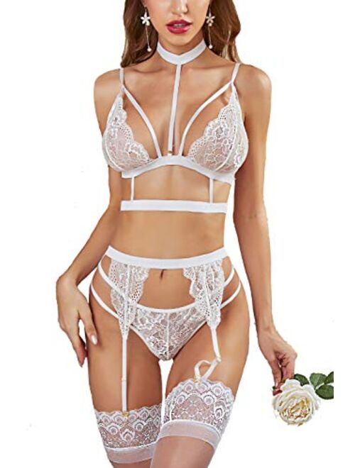 Avidlove Lace Garter Lingerie Set with Removable Choker Teddy Babydoll Strappy Bra and Panty Set (No Stockings)