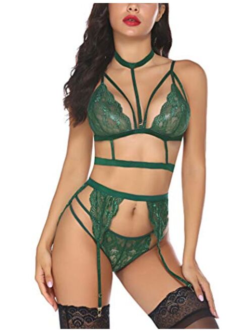 Avidlove Lace Garter Lingerie Set with Removable Choker Teddy Babydoll Strappy Bra and Panty Set (No Stockings)