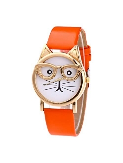 COOKI Womens Quartz Watch Clearance Cat Analog Female Watches Lady Watches Leather Watch-H82