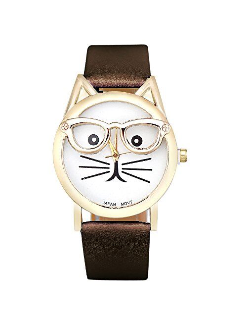 COOKI Womens Quartz Watch Clearance Cat Analog Female Watches Lady Watches Leather Watch-H82