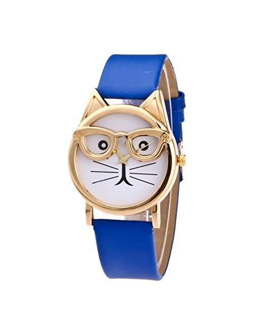 COOKI Womens Quartz Watch Clearance Cat Analog Female Watches Lady Watches Leather Watch-H82