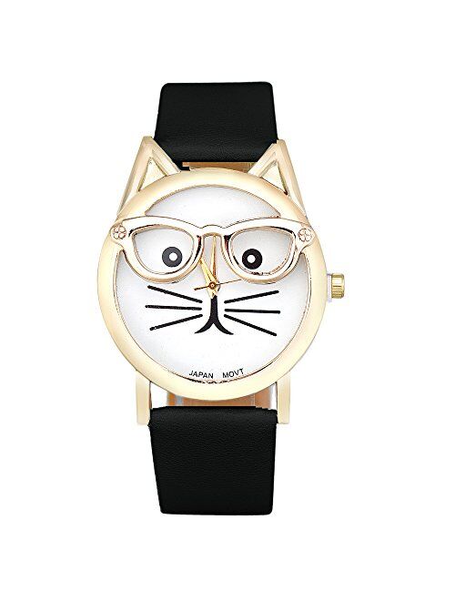 COOKI Womens Quartz Watch Clearance Cat Analog Female Watches Lady Watches Leather Watch-H82