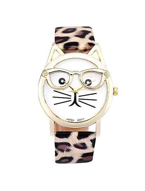 COOKI Womens Quartz Watch Clearance Cat Analog Female Watches Lady Watches Leather Watch-H82