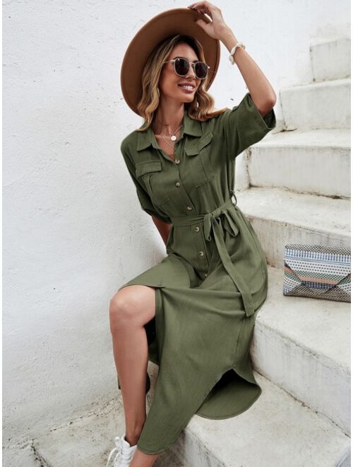 Buy Shein Flap Pocket Roll Up Sleeve Belted Shirt Dress Online Topofstyle