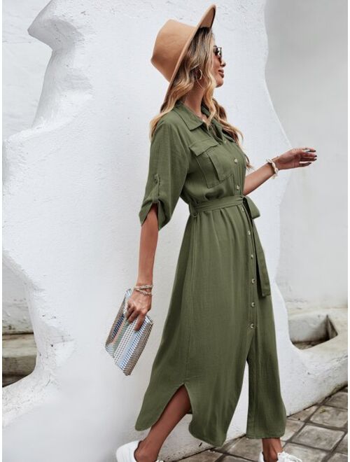 Buy Shein Flap Pocket Roll-up Sleeve Belted Shirt Dress online | Topofstyle