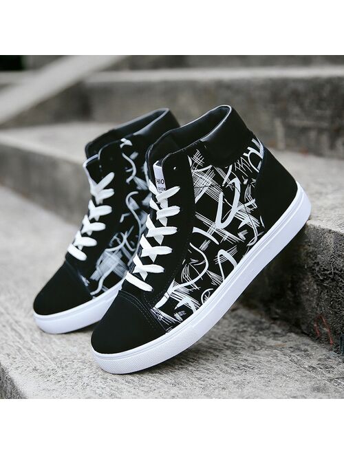 High Top Men's Shoes Casual Flats Fashion Graffiti Printed Men Sneakers Comfortable Fabric Men Footwear