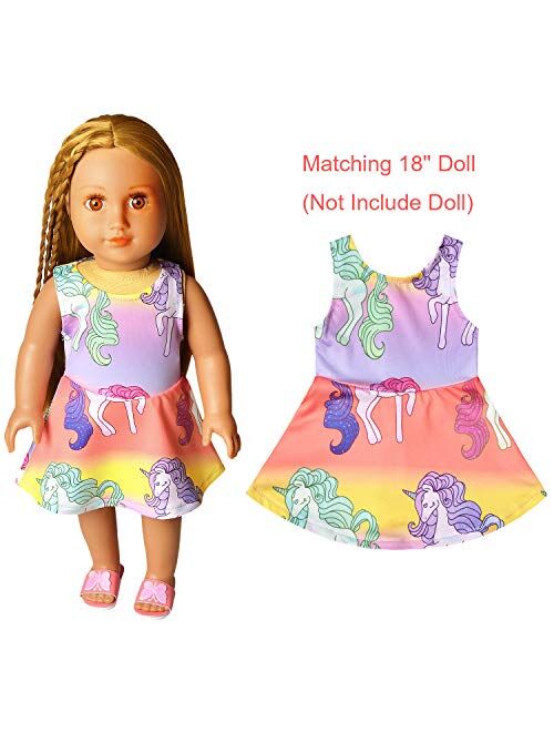 Matching Girls & Doll Dresses Sleeveless Unicorn Outfits Clothes Fits 18" Dolls