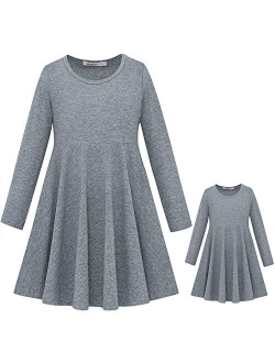 ModaIoo Matching Dolls & Girls Long Sleeve Dress,A-Line Skater Twirly Casual Solid Dresses for Kids