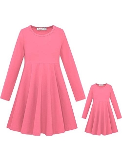 ModaIoo Matching Dolls & Girls Long Sleeve Dress,A-Line Skater Twirly Casual Solid Dresses for Kids