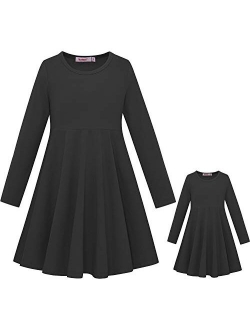 ModaIoo Matching Dolls & Girls Long Sleeve Dress,A-Line Skater Twirly Casual Solid Dresses for Kids