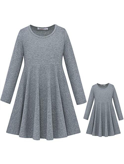 ModaIoo Matching Dolls & Girls Long Sleeve Dress,A-Line Skater Twirly Casual Solid Dresses for Kids