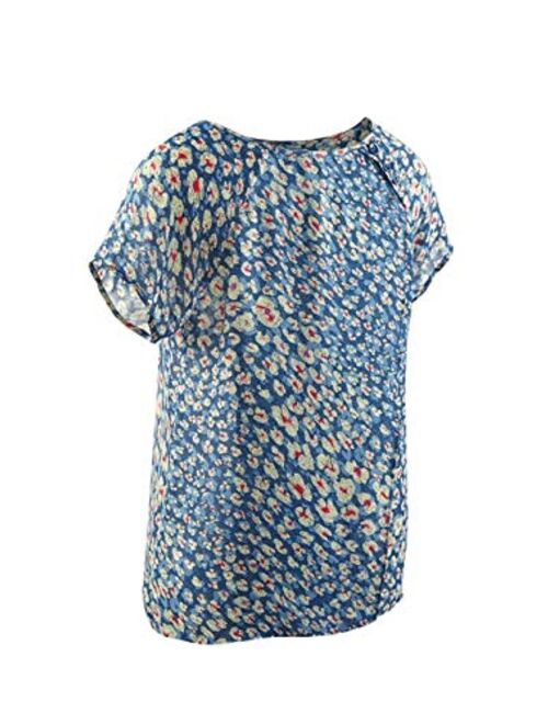 cabi Blue Floral Short Sleeve Crossover Button Back Top Style 299