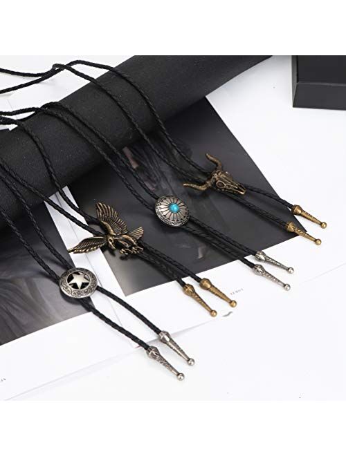 Thunaraz 4Pcs Bolo Tie for Men Western Leather Necktie Cow Skull Bolo Tie Halloween Costume Accessories Necktie Men Women