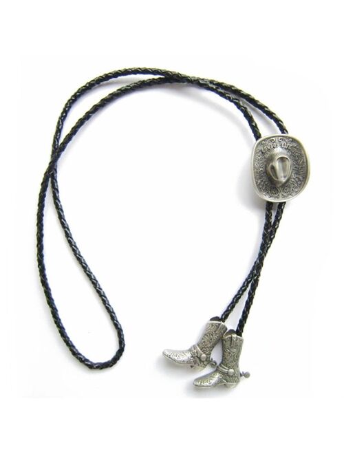 New Vintage Silver Plated Western Cowboy Boots Cap Wedding Bolo Tie Leather Necklace also Stock in US