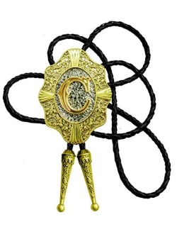 Moranse Golden Initial A to Z in Flower Nursery Cowboy Bolo Tie with Cowhide Rope