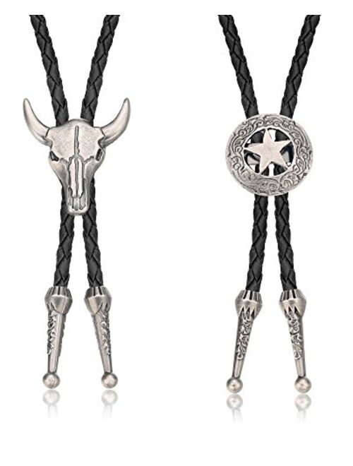 Thunaraz 2Pcs Leather Tie Necktie Cow Skull Texas Ranger Star Chain for Men Rodeo Bolo Tie Necktie