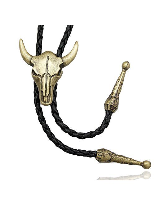 RechicGu Western Texas Longhorn Buffalo Steer Cow Skull Leather Rodeo Bolo Tie Necktie