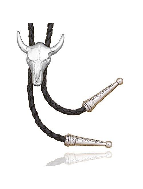 RechicGu Western Texas Longhorn Buffalo Steer Cow Skull Leather Rodeo Bolo Tie Necktie