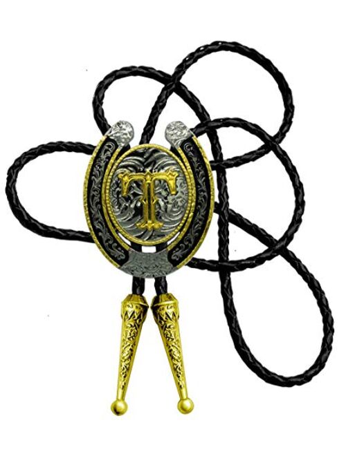 Moranse Upgrate Bolo Tie Golden Initial Letter A to Z In Western Cowboy Horseshoe Style with Cowhide Rope Necktie