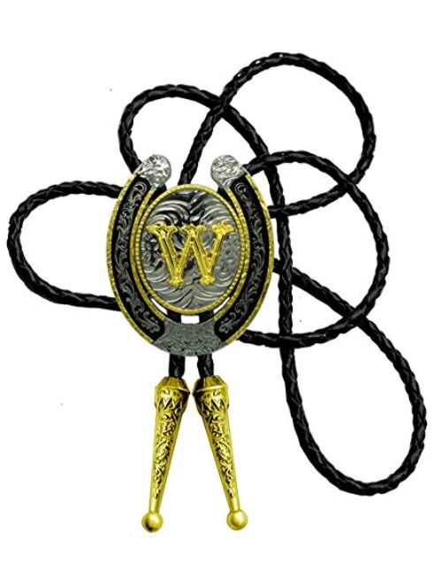 Moranse Upgrate Bolo Tie Golden Initial Letter A to Z In Western Cowboy Horseshoe Style with Cowhide Rope Necktie