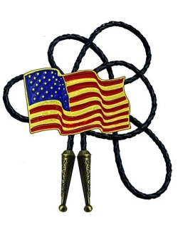 Moranse Bolo Tie with Fluttering American Flag Patriot Style Genuine and Cowhide Rope