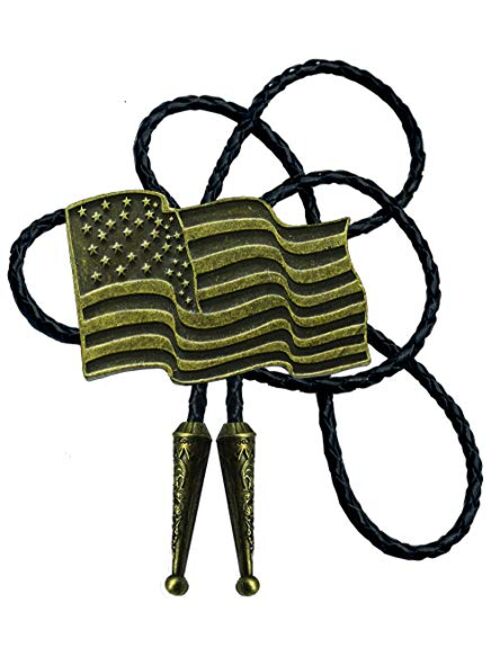 Moranse Bolo Tie with Fluttering American Flag Patriot Style Genuine and Cowhide Rope