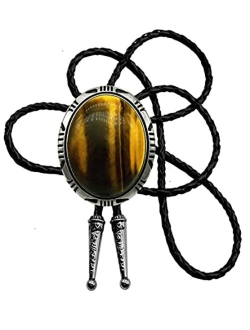 Moranse Bolo Tie with Round Flower And Gem Stone Parterre Style Genuine and Cowhide Rope