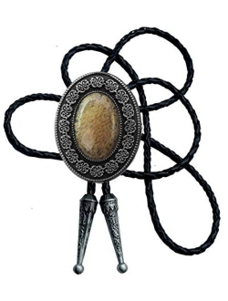 Moranse Bolo Tie with Round Flower And Gem Stone Parterre Style Genuine and Cowhide Rope