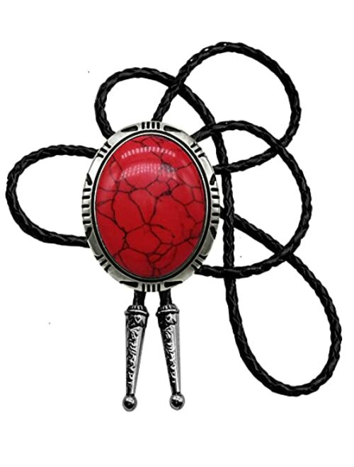 Moranse Bolo Tie with Round Flower And Gem Stone Parterre Style Genuine and Cowhide Rope