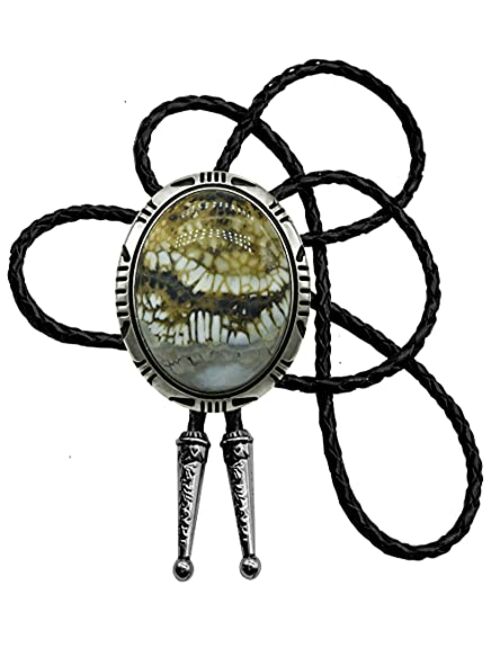 Moranse Bolo Tie with Round Flower And Gem Stone Parterre Style Genuine and Cowhide Rope