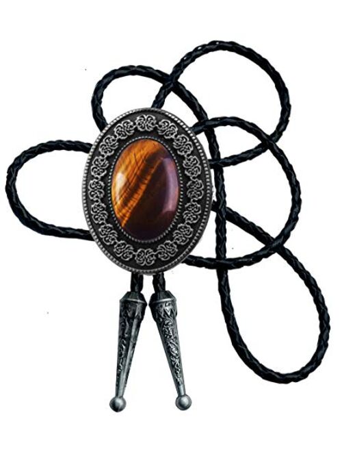 Moranse Bolo Tie with Round Flower And Gem Stone Parterre Style Genuine and Cowhide Rope