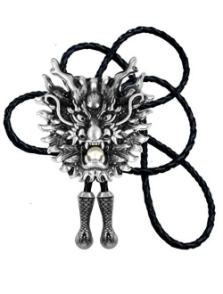 Moranse Dragon And Dragon Ball Design Cowboy Bolo Tie with Cowhide Rope