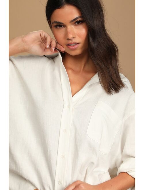 Lulus New Locations White Oversized Long Sleeve Button-Up Top