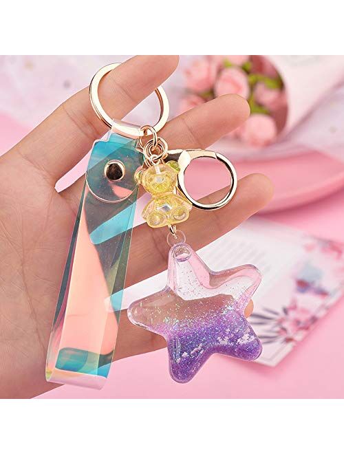 DAWEIF Pentagram Moving Star Sequin Glitter Quicksand Keychain Liquid Acrylic Keyring Backpack Pendant Ornaments(Blue)