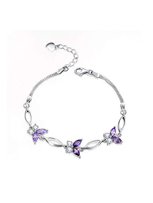 S925 Sterling Silver Purple Butterfly Bracelets for Women,Cute and Charm Wrist Bracelets Jewelry Gift for Women Teen Girls