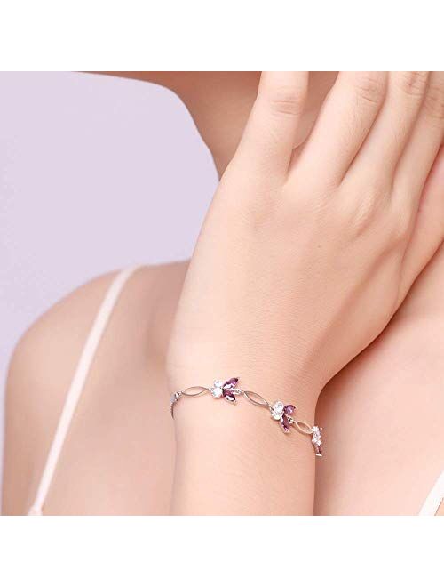 S925 Sterling Silver Purple Butterfly Bracelets for Women,Cute and Charm Wrist Bracelets Jewelry Gift for Women Teen Girls