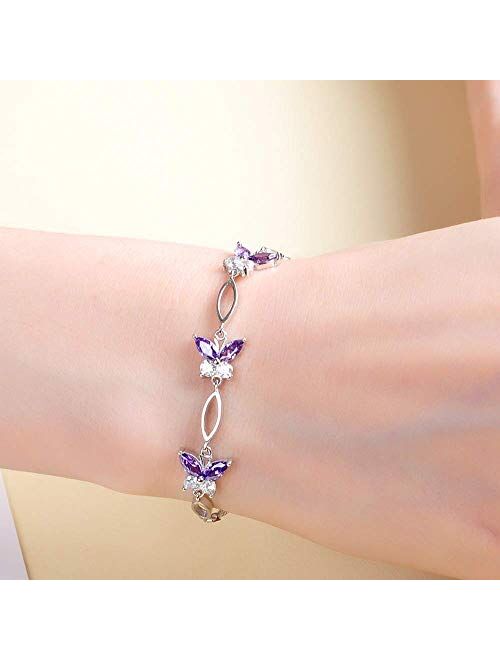 S925 Sterling Silver Purple Butterfly Bracelets for Women,Cute and Charm Wrist Bracelets Jewelry Gift for Women Teen Girls