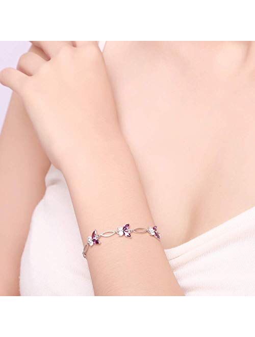 S925 Sterling Silver Purple Butterfly Bracelets for Women,Cute and Charm Wrist Bracelets Jewelry Gift for Women Teen Girls