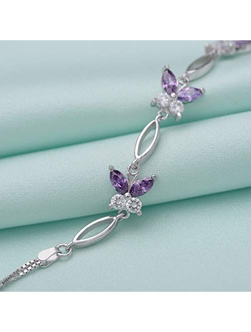 S925 Sterling Silver Purple Butterfly Bracelets for Women,Cute and Charm Wrist Bracelets Jewelry Gift for Women Teen Girls