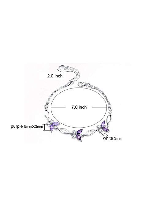 S925 Sterling Silver Purple Butterfly Bracelets for Women,Cute and Charm Wrist Bracelets Jewelry Gift for Women Teen Girls