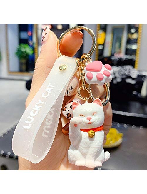 ZEXIN New Cute Lucky Cat Keychains Car Key Accessories Bag Decoration Keyrings Cartoon Lovely Cat Keychains Pendant(White)